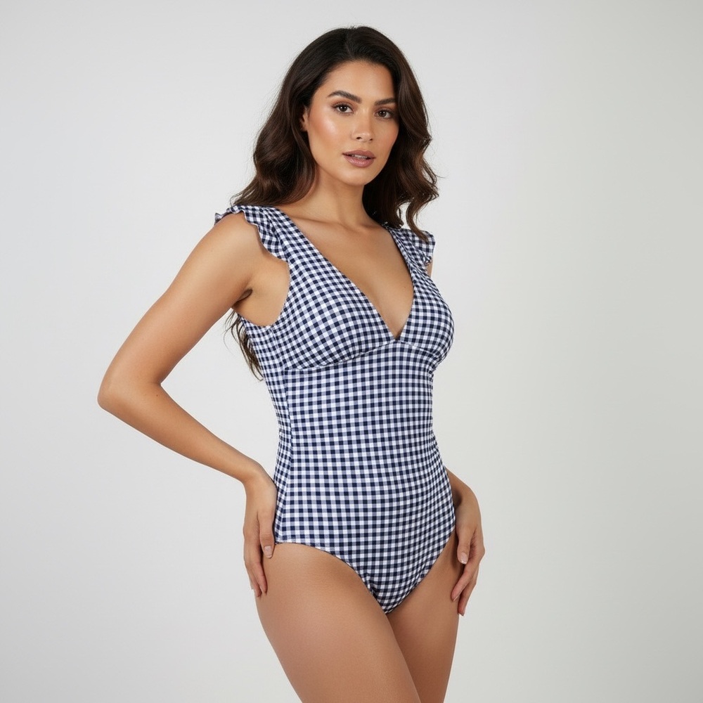 Kona Sol Navy and White Checkered One-Piece Swimsuit Size XL